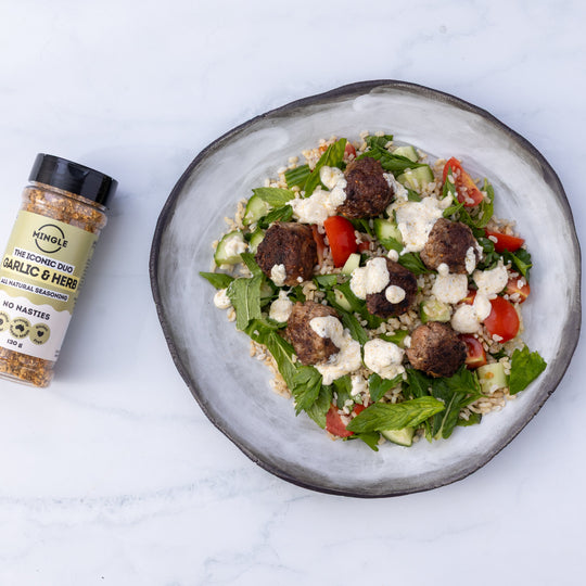 Beef Herb Meatballs with Herby Yoghurt & Rice Salad