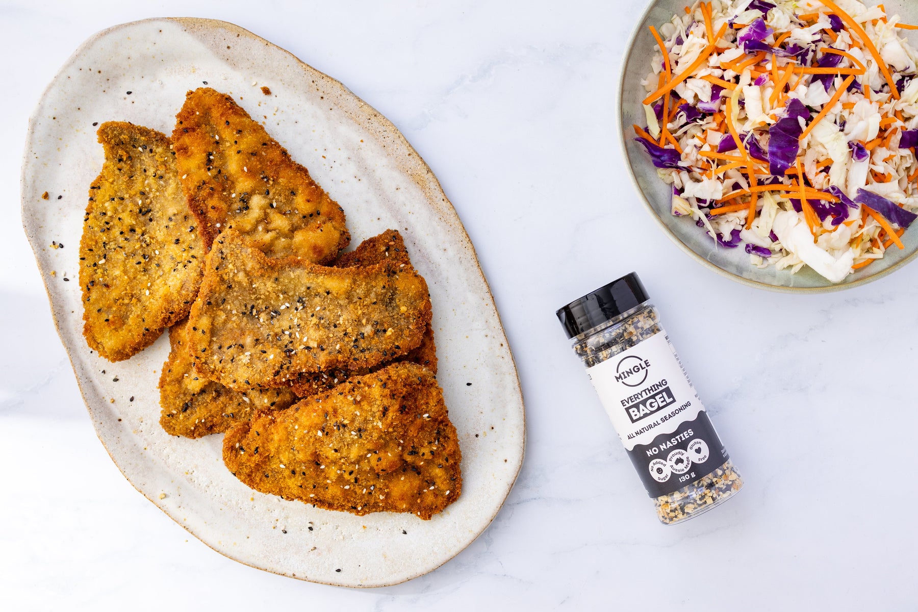 Beef/Chicken or Tofu Schnitzels with Crunchy Slaw