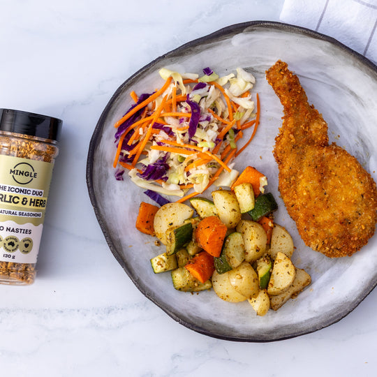 Garlic & Herb Crusted Pork Schnitzels with Roast Veg