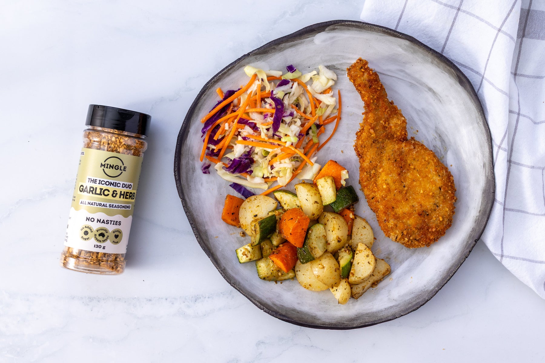 Garlic & Herb Crusted Pork Schnitzels with Roast Veg