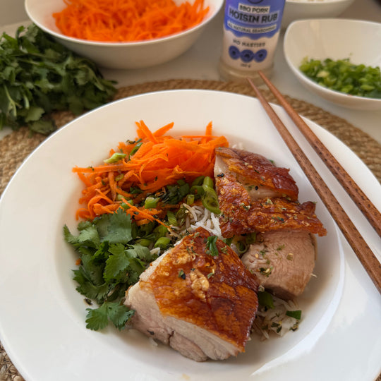 Crispy Hoisin Air Fryer Pork Belly Rice Bowl